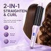 Cepillo de peinado rosa 2 en 1 para alisar y rizar el cabello, mostrado junto a un cabello femenino.