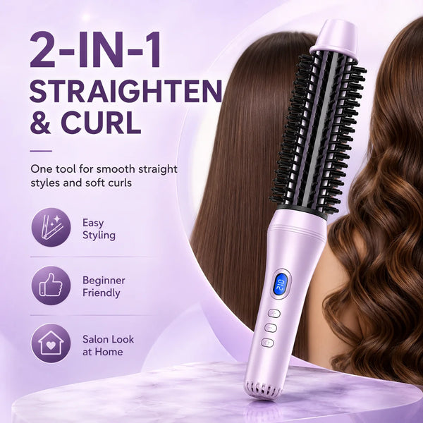 Cepillo de peinado rosa 2 en 1 para alisar y rizar el cabello, mostrado junto a un cabello femenino.