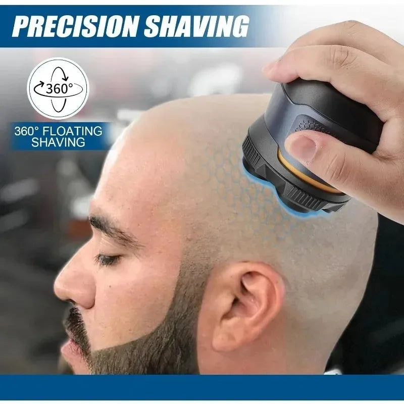 A hand is using a 360° floating shaving device on a man's shaved head.