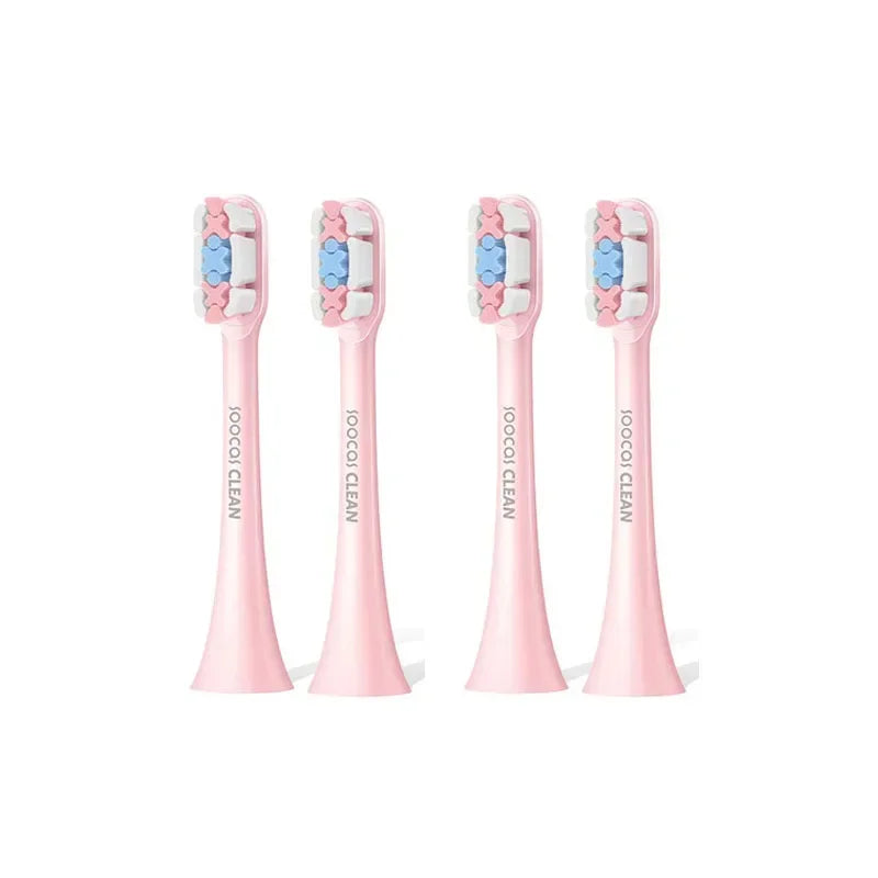 A set of pink precision replacement brush heads for sonic toothbrushes with blue accents.
