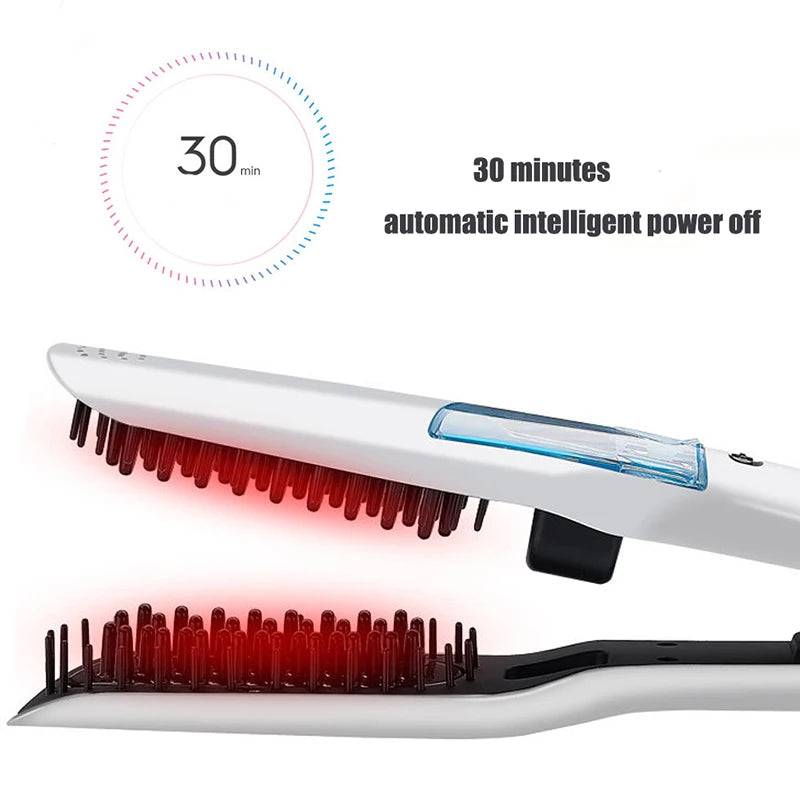 A white hair straightener iron with red heating elements is shown, illustrating its 30-minute automatic intelligent power off