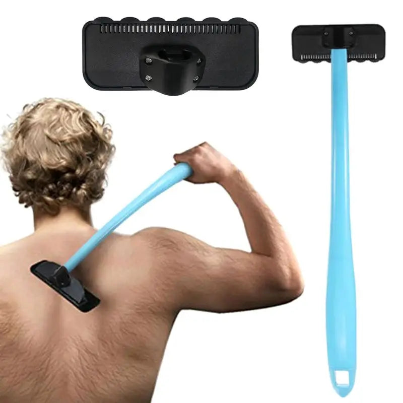 A hand is using a blue manual back hair shaver on a person's back.