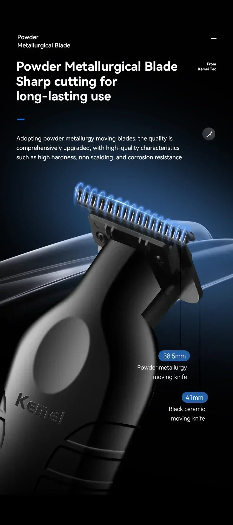 A close-up of a black powder metallurgical blade moving knife attached to a professional electric grooming device.