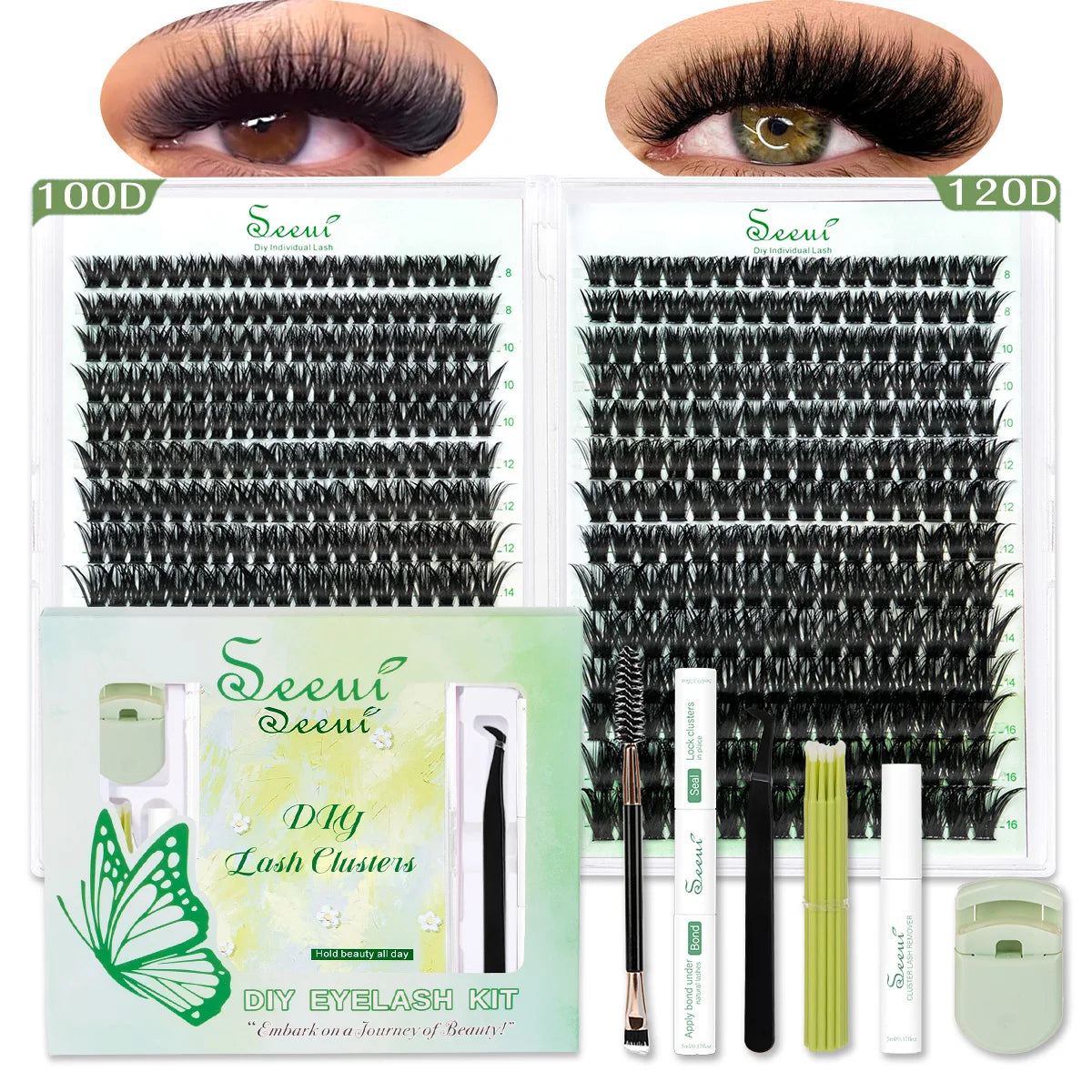 A kit for DIY eyelash clusters featuring false lashes and lash extensions for a natural look.
