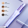 A purple professional automatic ceramic curling iron is shown with various temperature settings for different hair types.