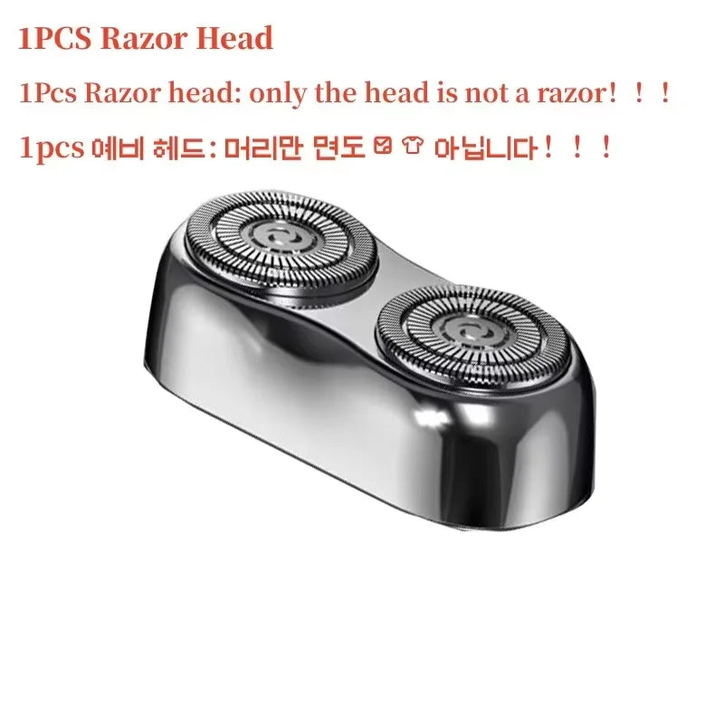 A silver dual-head electric shaver with rotating razor heads shown from above.