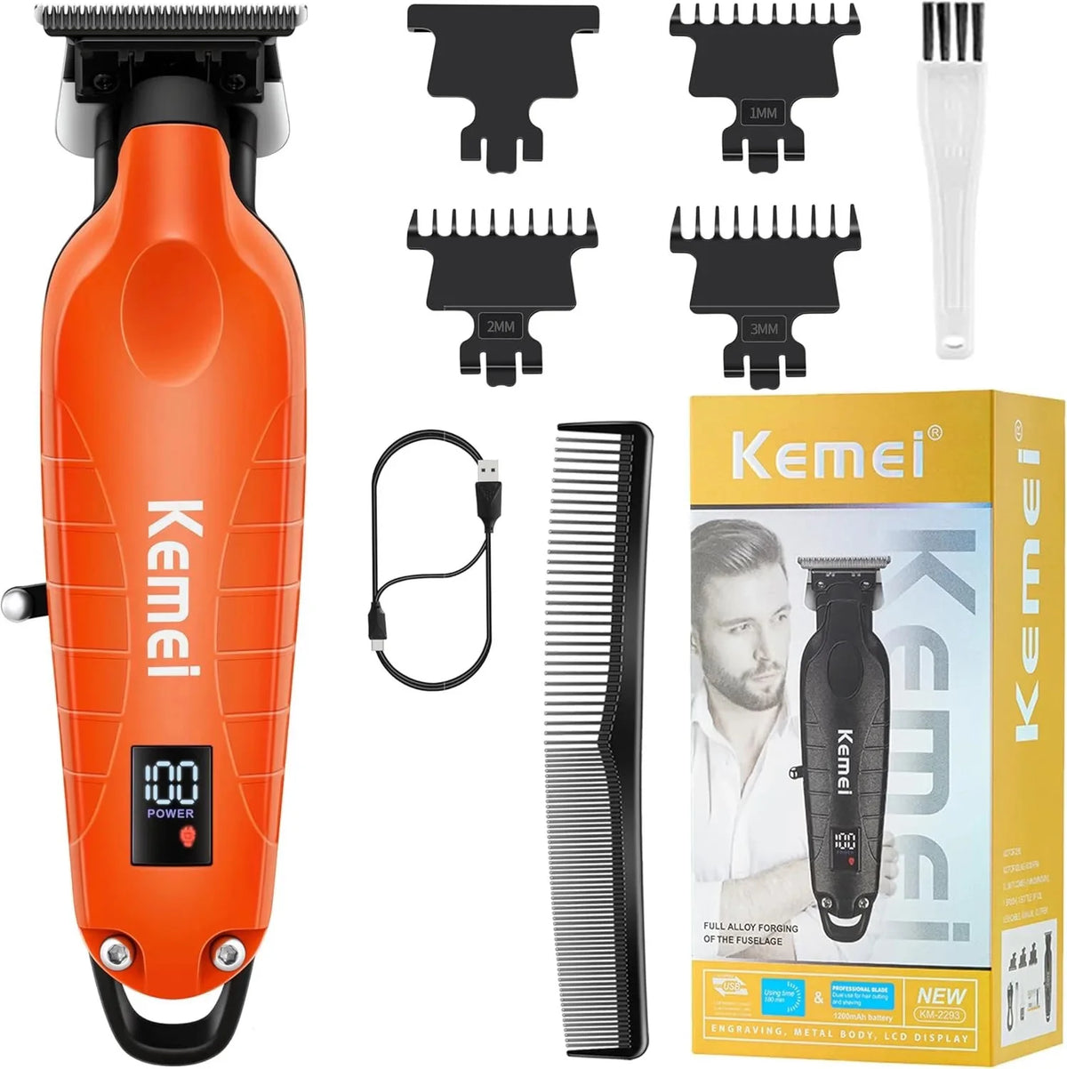 Orange Kemei professional cordless hair trimmer with various guard attachments and accessories