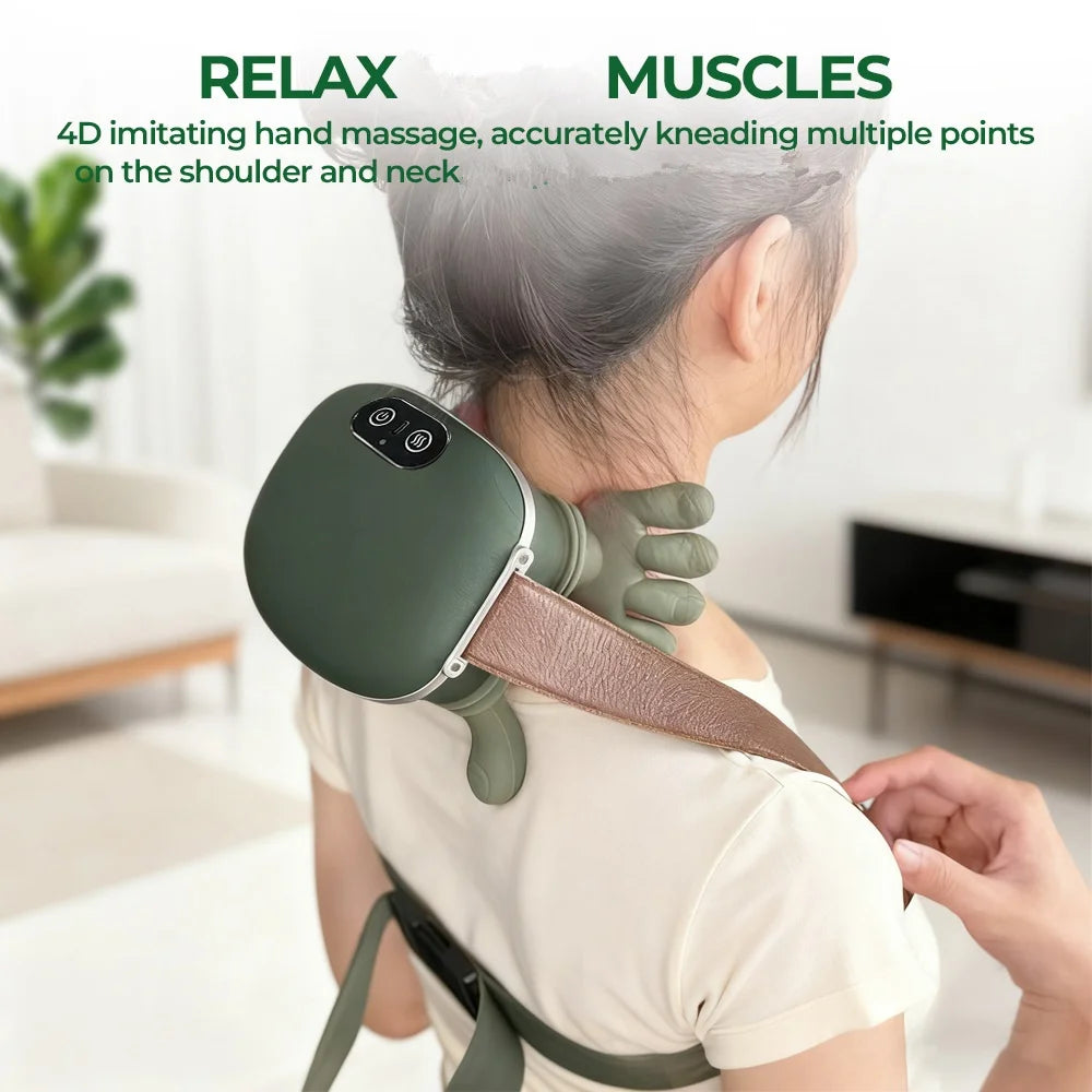 A woman is using a green professional wireless neck and shoulder massager on her shoulder and neck.