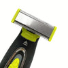 A close-up of a black electric shaver with a yellow grip and a silver shaving head.