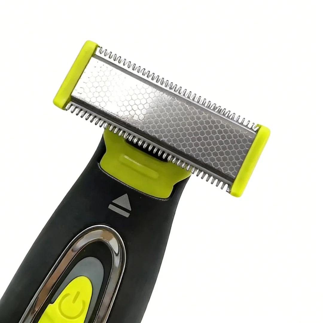 A close-up of a black electric shaver with a yellow grip and a silver shaving head.