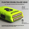 A lime green floating double blade head electric shaver with a bronze mesh visible.