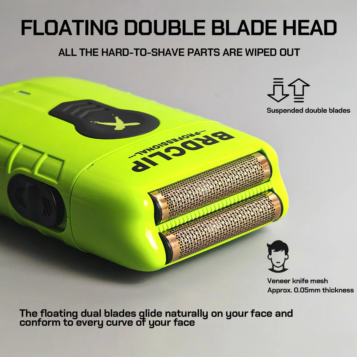 A lime green floating double blade head electric shaver with a bronze mesh visible.