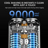 Close-up view of a dual-head electric shaver with blue light accents and metallic components.