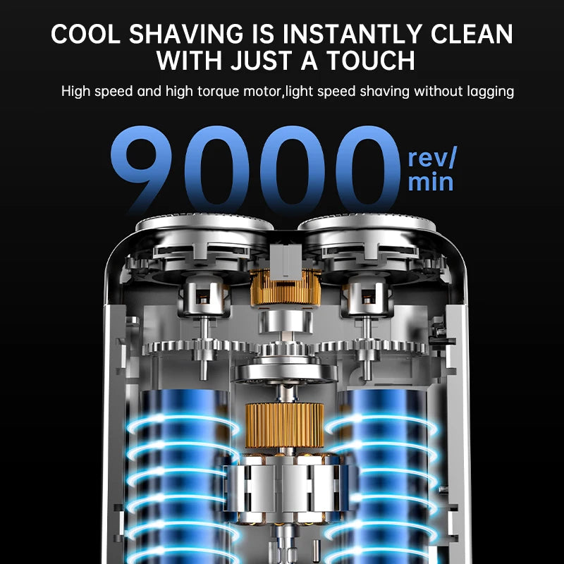 Close-up view of a dual-head electric shaver with blue light accents and metallic components.