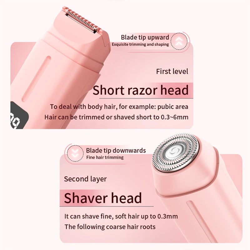 Afeitadora eléctrica rosa 2 en 1 mostrando dos capas: una cuchilla corta y una para recortar vello corporal.