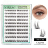 A clear container of Vyrila self-adhesive cluster lashes showing various lash lengths and a close-up of applied lashes.