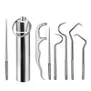 A set of reusable aluminum toothpicks with a cylindrical case and various shapes for oral cleaning.