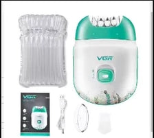 A set of VGR rechargeable electric epilators including the main unit, a hair removal device, and accessories.