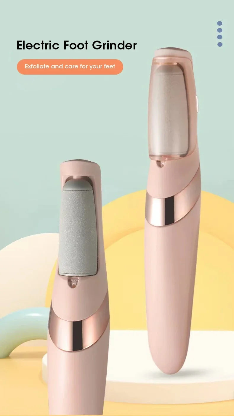 A pink automatic electric foot grinder is shown standing upright on a light surface.