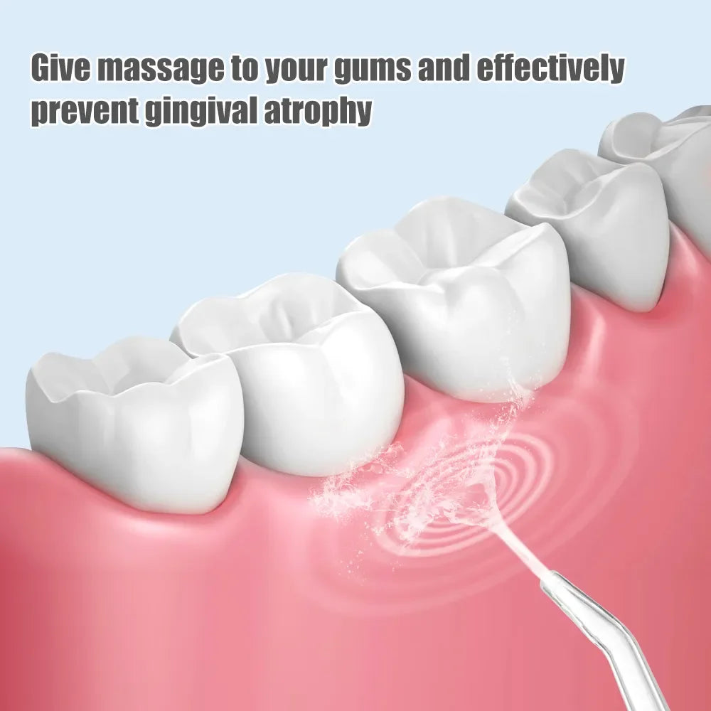 A white oral irrigator tip is shown massaging gums on a pink gum tissue.