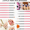 Colección de 15 pinceles de arte de uñas de precisión en varios colores rosa y plateado para uso profesional.