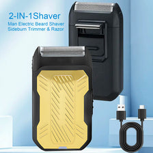 A black and gold 2-in-1 electric beard shaver trimmer and razor with a charging cable.