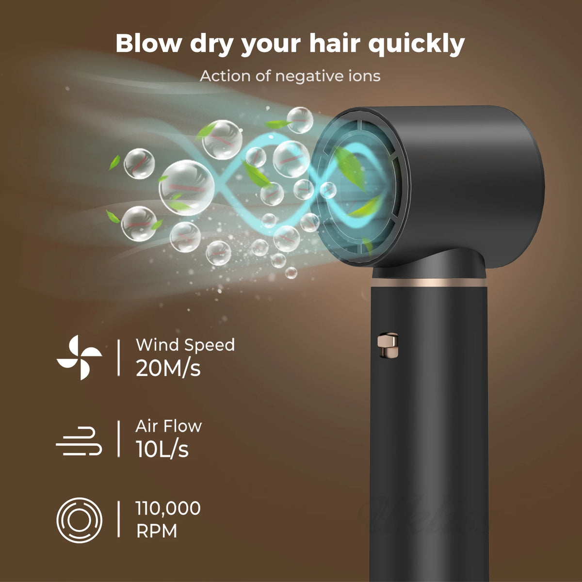 A black hair dryer is shown blowing negative ions onto hair, with specifications for wind speed and airflow.