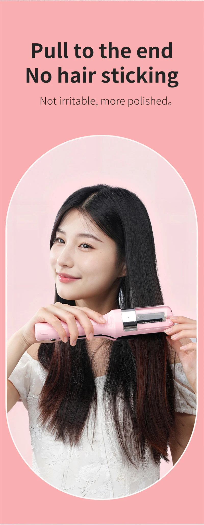 A woman is using a pink automatic hair end trimmer to style her long, dark hair.