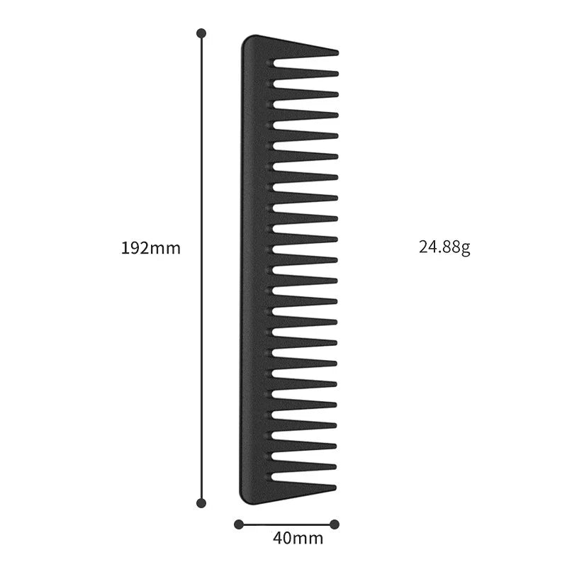 A black hair detangler comb brush with measurements indicating its length and width.
