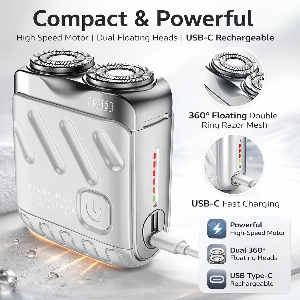 A silver portable electric shaver with dual floating heads and USB-C rechargeable features is shown on a surface.