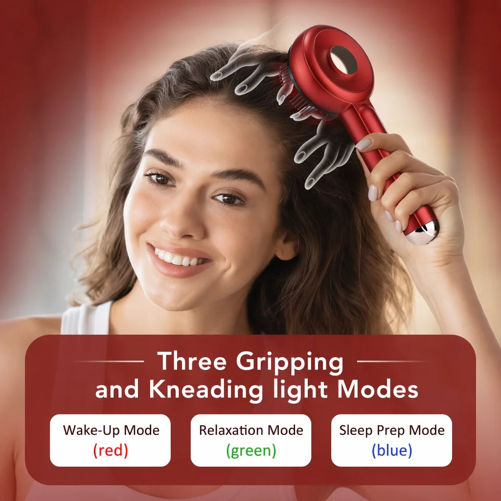 A woman is using a red electric scalp massage comb with three gripping and kneading light modes for hair care.