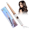 A professional ceramic curling iron in beige and white is shown next to a model of long, wavy hair.