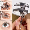 A clear plastic professional eyelash curler set being held by a hand, showing the curler and an eye.