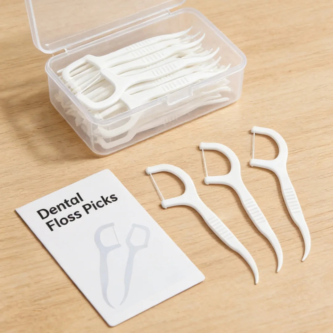 A clear plastic container holds several white reusable dental floss picks and a white instruction card.