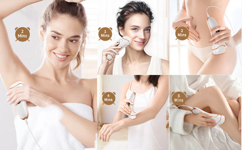 Close-up shots show a woman using an IPL laser hair removal epilator on her face and body.