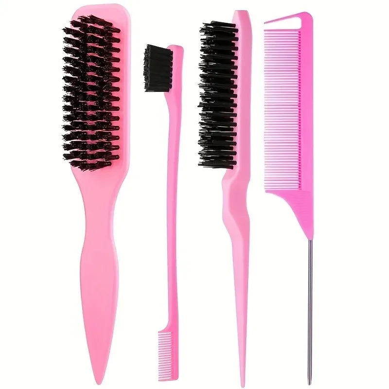A set of three pink professional pointed tail combs for precise hair parting, including a wide-toothed comb and a thin comb.