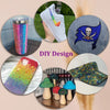 DIY design featuring a white high-top sneaker with rainbow accents, a rhinestone pencil case, and glittery hats.
