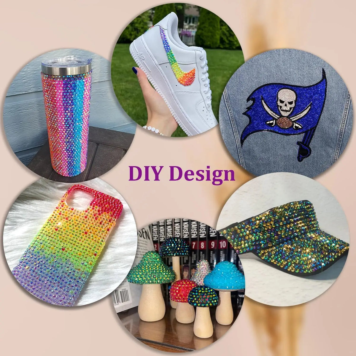 DIY design featuring a white high-top sneaker with rainbow accents, a rhinestone pencil case, and glittery hats.