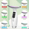 A white LED facial and neck massager device showing seven different colored light modes for skincare treatment.
