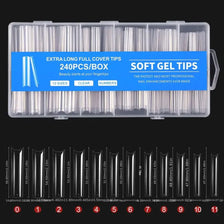 A box of 240 pieces of extra long clear soft gel tips for nail enhancements.