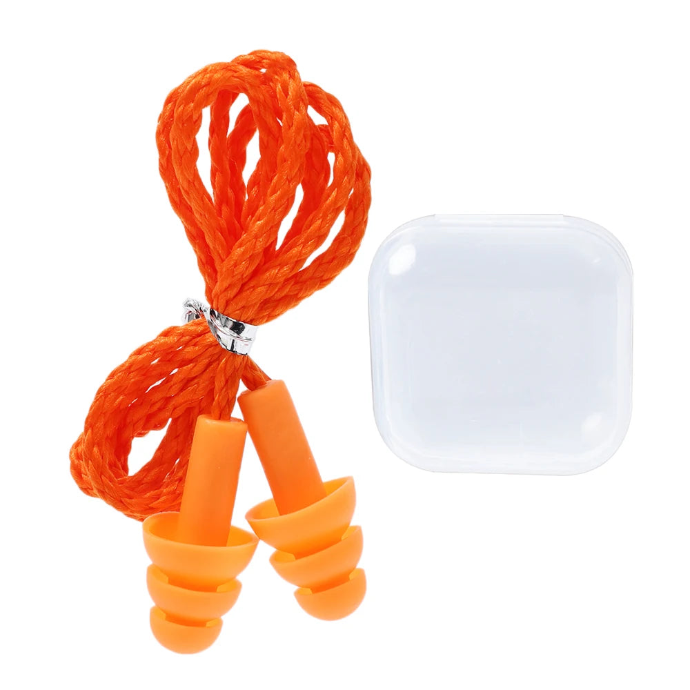 Un ensemble de bouchons d'oreille en silicone orange réutilisables avec un cordon tressé et une boîte de rangement transparen