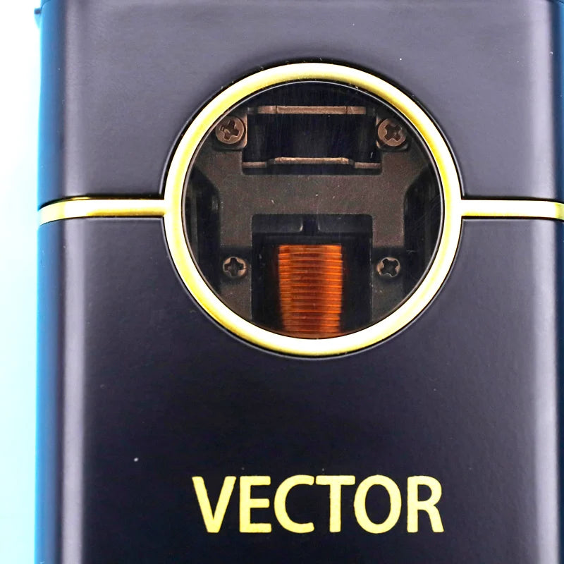 Primer plano de una máquina de cortar pelo eléctrica negra con un anillo dorado y la marca VECTOR visible.