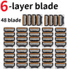 A set of 48 six-layer razor blades packaged in individual plastic holders.