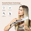 A woman is using a silver professional steam hair straightener to style her blonde hair.