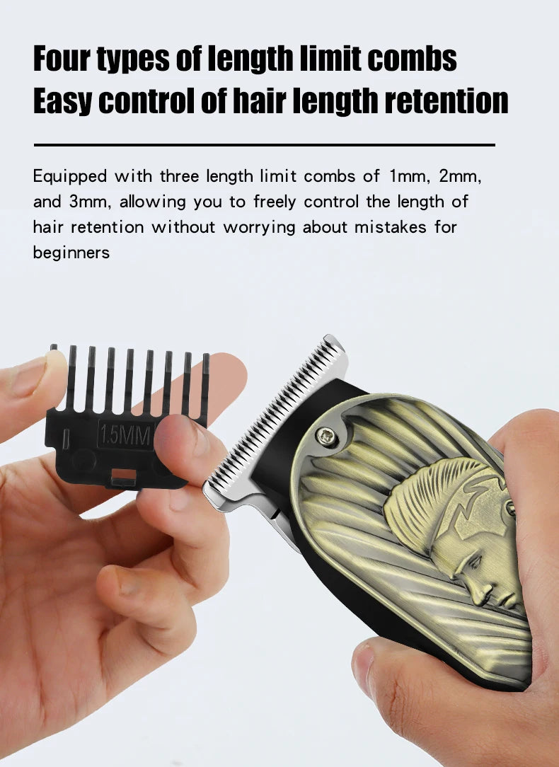 A hand holds a black electric hair clipper with a gold-colored blade, demonstrating length limit combs.