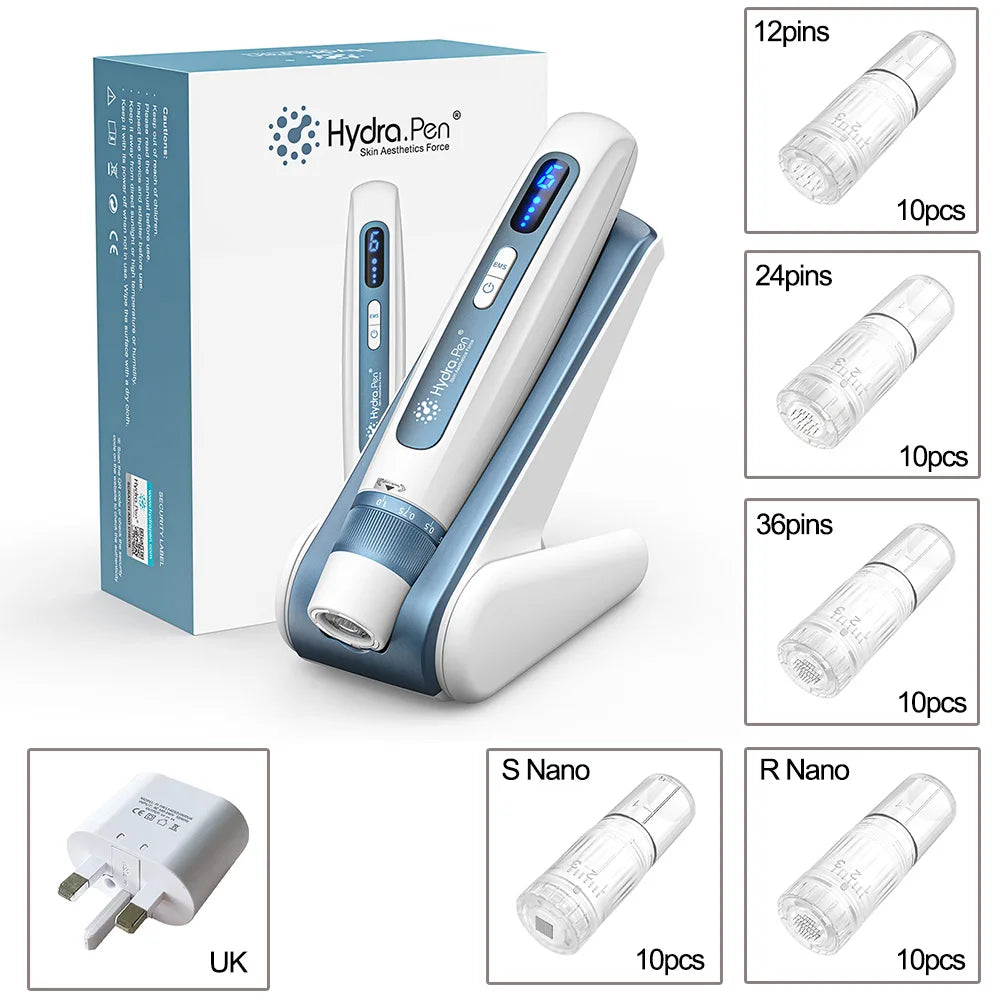 A white EMS microneedling pen device and various sizes of disposable needles packaged in a box.