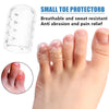 A clear silicone toe protector is shown next to a foot, demonstrating its use for anti-abrasion and pain relief.