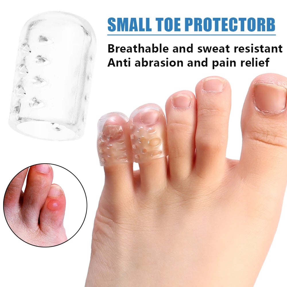 A clear silicone toe protector is shown next to a foot, demonstrating its use for anti-abrasion and pain relief.