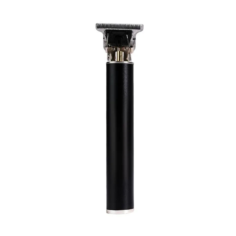 A black professional rechargeable hair clipper with a metal guard on top.