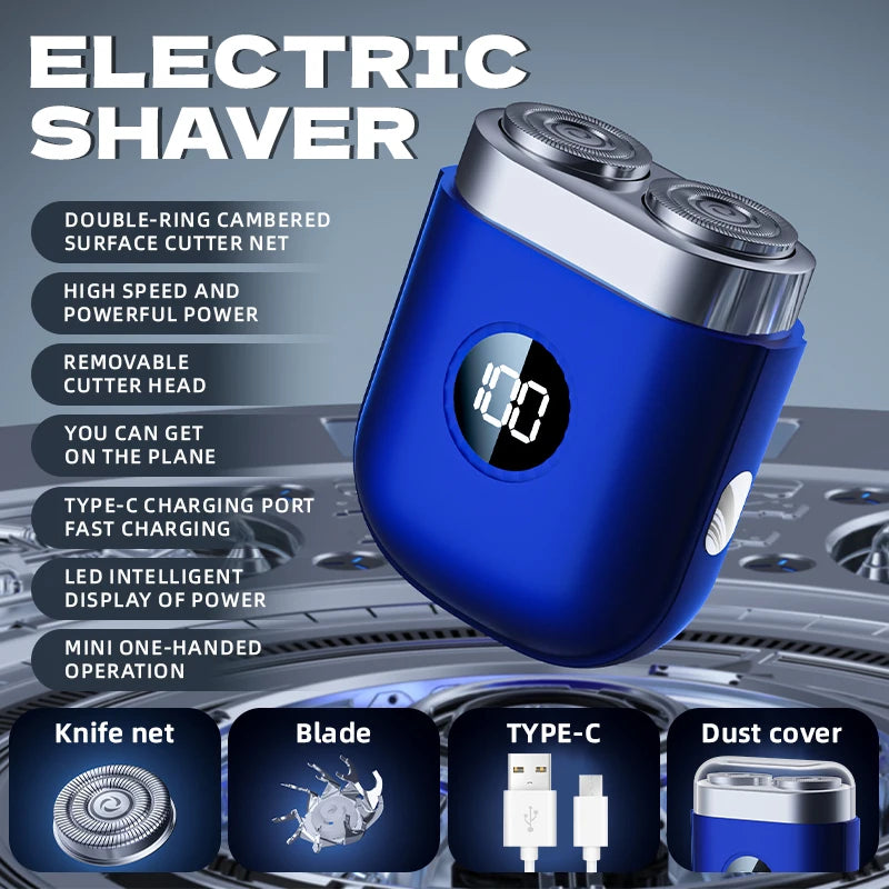 A blue electric shaver with a silver head and charging port is shown on a circular base.